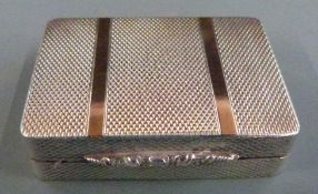 Hallmarked silver engine turned snuff box with gold stripe decoration, hinged lid and thumb piece,
