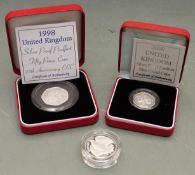 Royal Mint silver proof Piedfort coins comprising 1998 fifty pence, 1995 £2 and a 2000 £1, two in