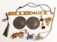 An unusual buckle decorated with spiders, silver ring, nephrite jade pendant, a gilt and enamel