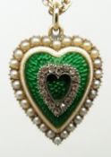 Victorian heart shaped pendant/ locket set with green guilloché enamel, diamonds in a heart and seed