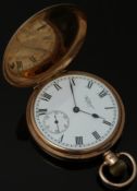 Waltham 9ct gold keyless winding full hunter pocket watch with inset subsidiary dial, blued hands,
