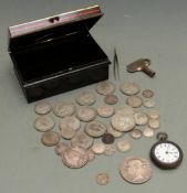 A quantity of silver coins to include Queen Victoria 1845 crown, 1787 George III Spanish coin (
