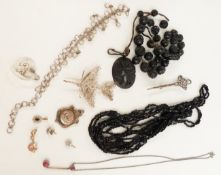 Victorian jet necklace, pink topaz necklace, moonstone necklace, filigree brooch, fob, sapphire