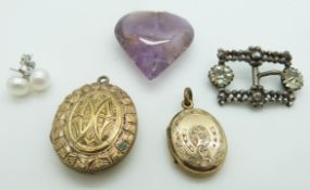 Victorian locket, amethyst pendant, cut steel buckle and a pair of pearl earrings