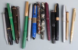 Fifteen various fountain pens and propelling pencils including four Sheaffer, Wyver 404, Osmiroid,