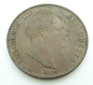 William IV 1934 copper penny VF+, die crack reverse
