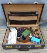Brown briefcase including tea cards, watches, jewellery, coins etc