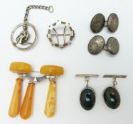 A white metal and amber brooch, two pairs of silver cufflinks, etc