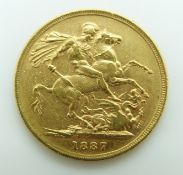 1887 Queen Victoria gold full sovereign, young head, Sydney Mint