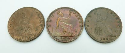 Three Victorian pennies comprising 1876 Heaton Mint, BB, 1893 example TB and an 1887 'older young