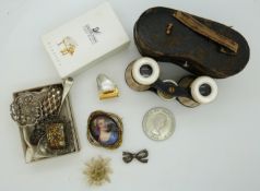 Victorian brooch, silver brooches, mother of pearl opera glasses, Swarovski miniature piano and