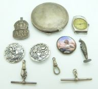 A collection of silver items including compact, buttons, Scottish silver watch, seal, ARP brooch