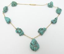Victorian gold necklace threaded with turquoise boulders, 50.1g