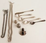 A silver spoon, silver Art Deco brooch, silver necklace, thimbles etc