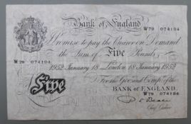 D S Beale 1952 white five pound note 18/1/52 no. W79 074104, some folds