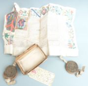 Elizabeth I 1562 grant of arms to William Lawrence of St. Ives MP, with two attached wax seals, in