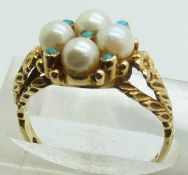 A 9ct gold ring set with pearls and turquoise, 3.8g, size N