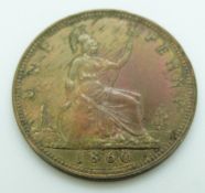 Victoria 1860 young head penny, TB LCW under shield, toned, VF+