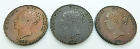 Three Victorian young head copper pennies comprising 1844 OT, 1854 PT and an 1858 OT example,