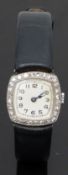 Art Deco platinum ladies wristwatch set with diamond set case, blued hands, black Arabic numerals,
