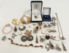 A pair of Ermani Bulatti earrings, silver earrings, silver rings, silver necklace, a yellow metal