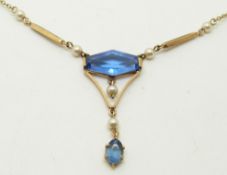Art Deco 9ct gold necklace set with blue paste and faux pearls, 3.3g