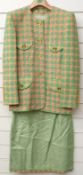 Vintage two piece Escada suit in green, pink and yellow houdstooth pattern, with gold tone buttons