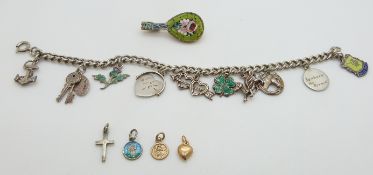 A silver charm bracelet, micro mosaic brooch, heart charm and 9ct gold St Christopher charm (0.6g)