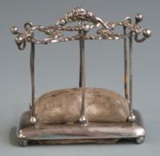 Edward VII hallmarked silver hat pin and jewellery stand with cushion to base and hanging hooks