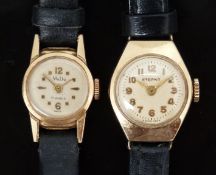 Two ladies wristwatches, one MuDu 18ct gold the other Eterna 9ct gold, both on black leather straps.