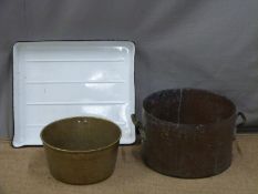 Large copper two handled pan, width 52cm, brass pan and an enamel tray