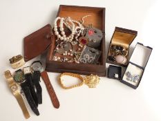 A collection of costume jewellery and watches including Avalon, reverse painted tie clip, etc