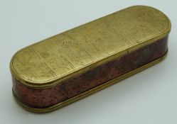 18th/19thC possibly Dutch copper and brass box engraved with animals and script, length 15.5cm