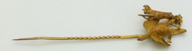 Victorian/ Edwardian 15ct gold stick pin in the form of hanging game comprising hare and pheasant,