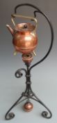 Arts and Crafts Benham & Froud copper and wrought iron spirit kettle on stand, designed by