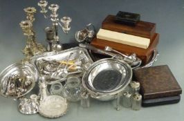 Silver plated ware to include salver, serving dishes, candelabra, pair of candlesticks, cased and