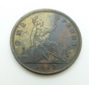 Victoria 1863 young head penny, TB thin linear circle both sides, no signature, VF+