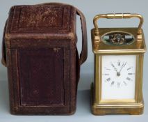 Early 20thC brass carriage clock with corniche style case, the enamel Roman dial with Breguet