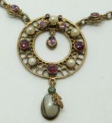 Austro Hungarian silver gilt necklace set with pink paste and pearls