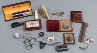 A collection of bijouterie including 19thC mother of pearl and tortoiseshell cases, pin cushion,