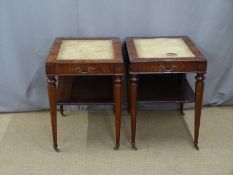 Pair of 19thC style side or occasional tables with leather inset tops, single drawer to end and