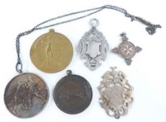 A boxing medal, WWI medal, silver St Johns medal, Victorian silver fob etc
