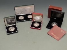 Royal Mint silver proof commemorative crowns 1996, 2001 x 2, 2004 (Britannia) and 2014, in four
