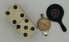 19thC miniature ivory and rosewood dominoes in wooden box with domino set to lid, compass/map