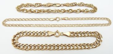 Three 9ct gold bracelets, 8g