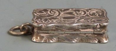 Victorian hallmarked silver vinagrette with engraved decoration and pierced gilt inner cover,