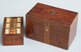 Georgian mahogany and parquetry inlaid tea caddy with feather banded edge, the lid opening to reveal