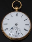 John Le Gallais 18ct gold open faced pocket watch with inset subsidiary seconds dial, blued hands,