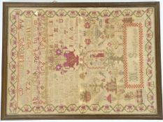 Mary Singleton sampler depicting alphabet, numbers and Christian prayer, 40 x 30cm