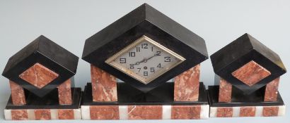 Art Deco marble clock garniture, the eight day movement stamped Marti with stylised numerals and